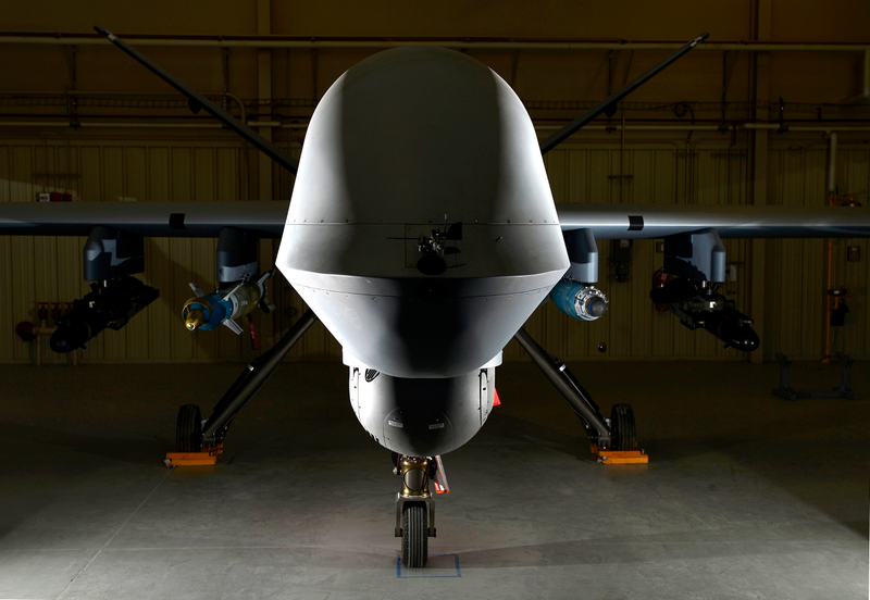 A U.S. Air Force MQ-9 Reaper Block 5 with Hellfire missiles, GBU-12 Paveway II laser guided bomb, and GBU-38 Joint Directed Attack Munition (JDAM).